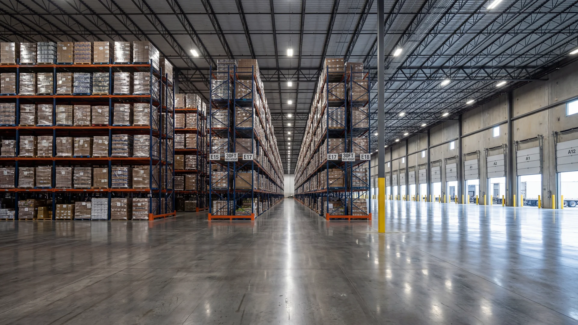 Delaware VA warehouse loading dock with pallet racking and Delaware harbor in background